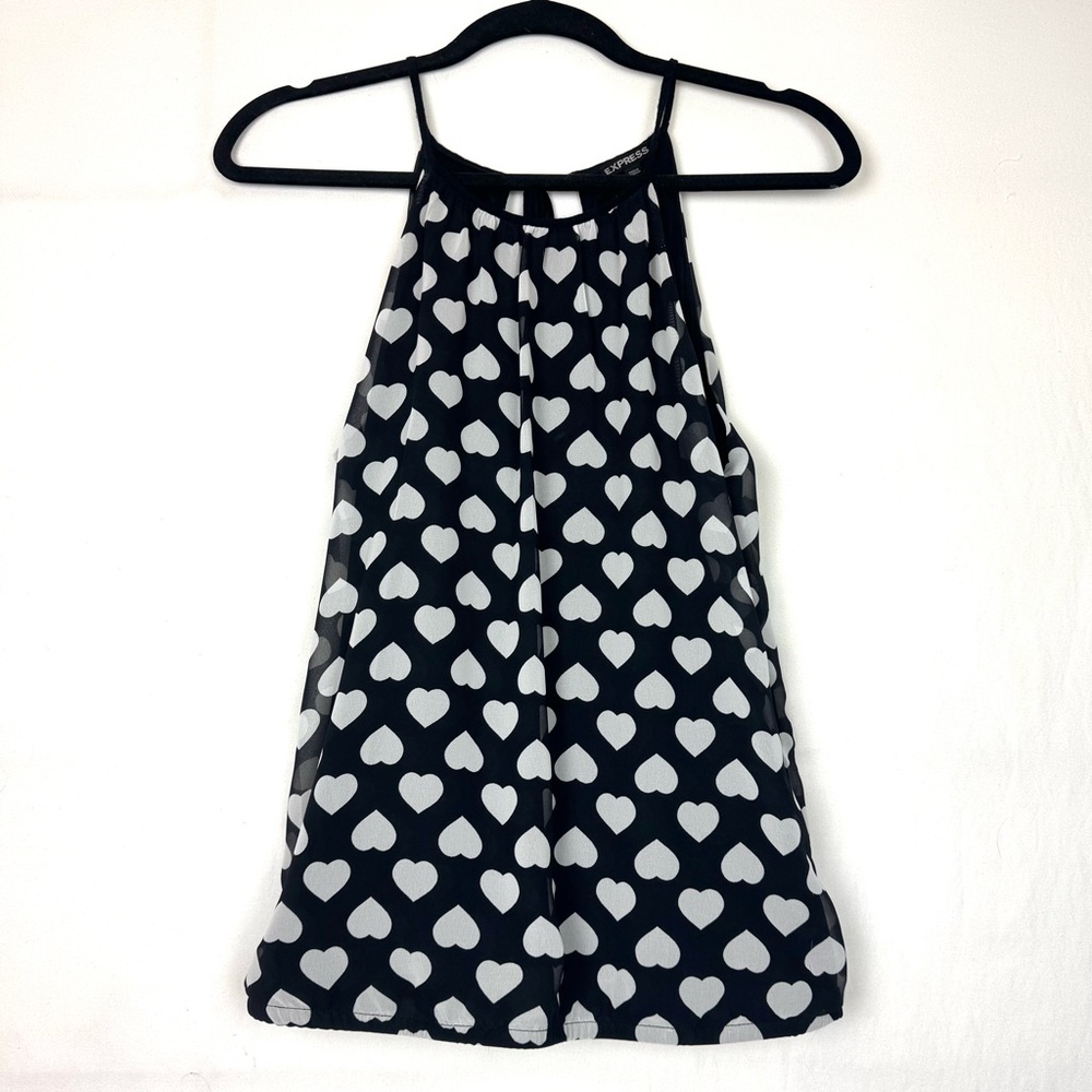 Express black and white heart sheer overlay tie neck sleeveless halter top Small